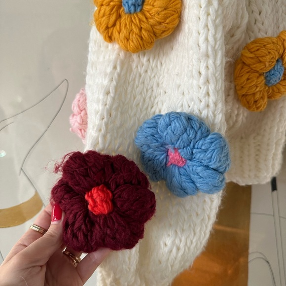 Cream Chunky Knit Sweater with Colorful Flowers - Picture 3 of 7